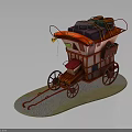 Vintage Red Carriage Loaded With Colorful Luggage And Decorative Wooden Wheels