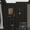 Home Balcony Interior Design With Dark Wooden Walls Circular Panels And Leather Armchair