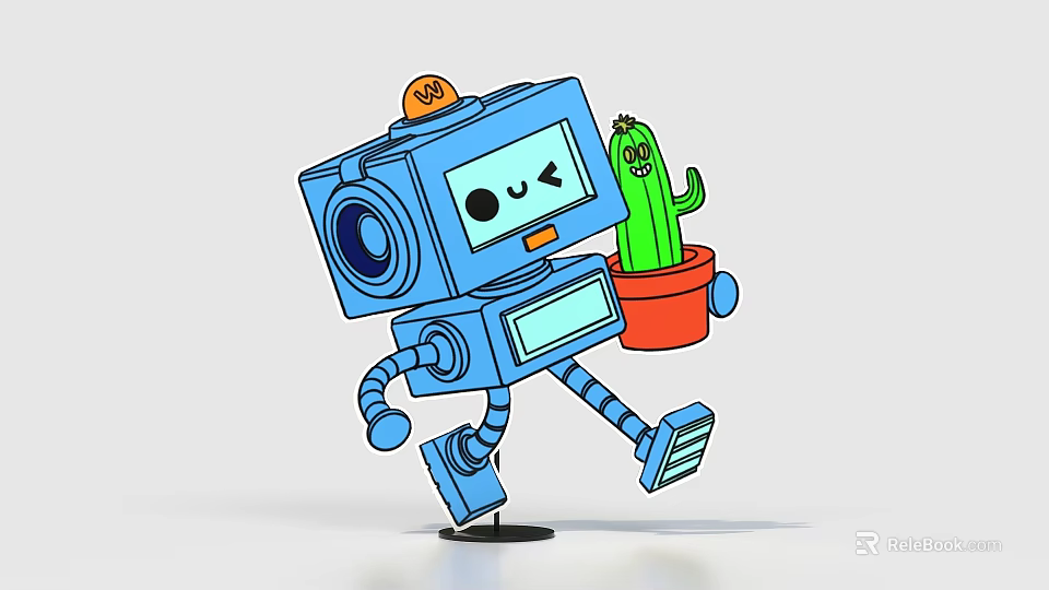 Blue Robot With Orange Head Light And Smiling Face Holding Green Potted Cactus Walking 3d model 