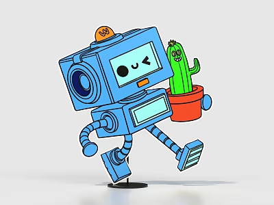 Blue Robot With Orange Head Light And Smiling Face Holding Green Potted Cactus Walking 3d model