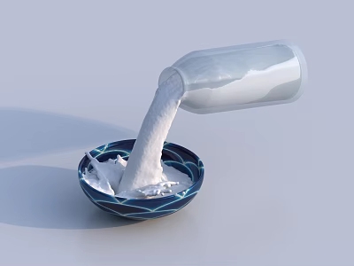 Transparent Bottle Pouring White Powder Into Blue And White Beverage Bowl 3d model