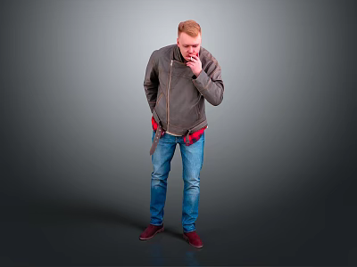 Man In Gray Jacket Blue Jeans And Red Shoes Standing Against Gray Background 3d model