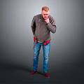 Man In Gray Jacket Blue Jeans And Red Shoes Standing Against Gray Background