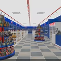 Supermarket Grocery Store Interior With Blue Shelves Matryoshka Dolls And Checkout Counters