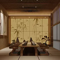 Japanese Zen Restaurant With Stone Wall Light Strips Pine Tree Decoration And Tatami Floor