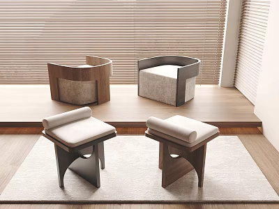 Modern Stools With Wooden Frames And Upholstered Seats In Bright Interior 3d model