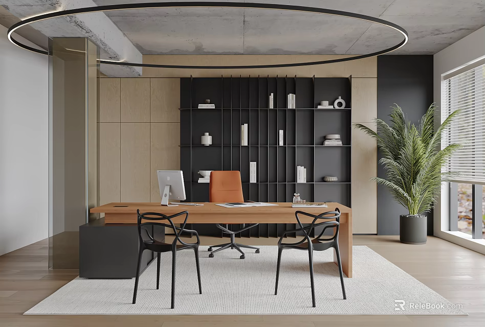 Modern Office Interior With Wooden Desk Black Bookshelf Orange Chair And Large Potted Plant 3d model 