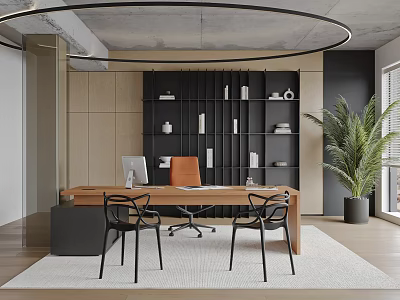 Modern Office Interior With Wooden Desk Black Bookshelf Orange Chair And Large Potted Plant 3d model