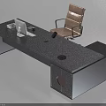 Modern Black Office Desk And Brown Chair With Computer Monitor Keyboard Microphone