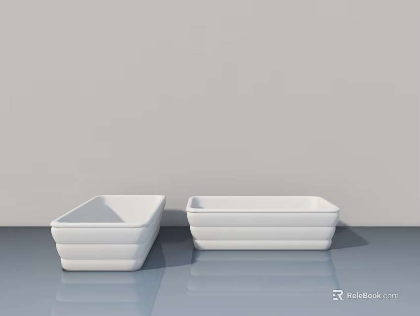 Two White Rectangular Bathtubs On Smooth Blue Floor With Grey Wall Background 3d model