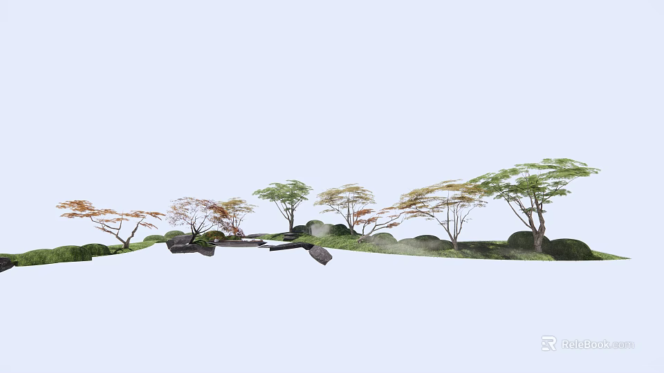 Arbor Trees With Diverse Foliage And Stone Elements In Natural Garden 3d model