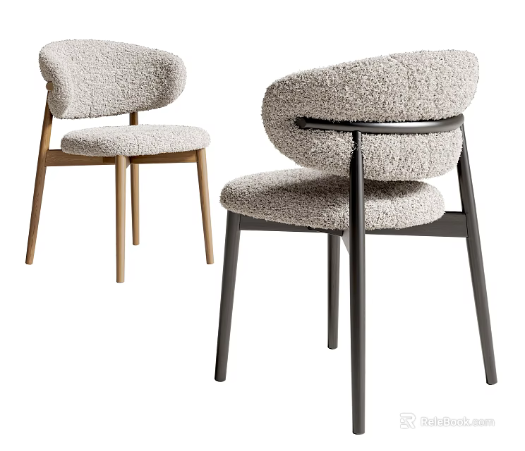 Light Gray Plush Dining Chairs With Wooden And Black Metal Legs And Metal Ring Backrest 3d model 