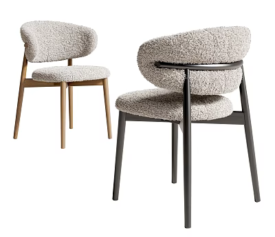 Light Gray Plush Dining Chairs With Wooden And Black Metal Legs And Metal Ring Backrest 3d model