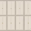 Various White Wardrobe Doors With Different Designs And Golden Handles Arranged In Rows