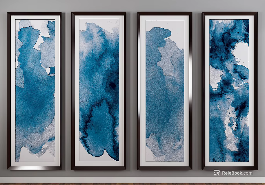 Blue And White Abstract Paintings With Vertical Watercolor Effect In Black Frames Arranged On Wall 3d model 
