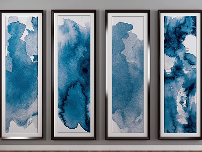 Blue And White Abstract Paintings With Vertical Watercolor Effect In Black Frames Arranged On Wall 3d model