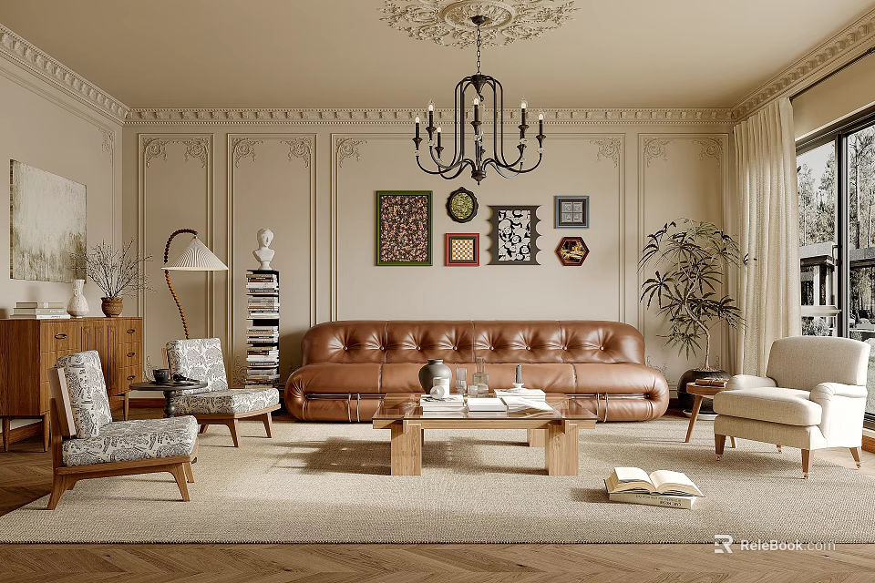 Classic Living Room Interior With Brown Leather Sofa Chandelier And Framed Artworks 3d model 