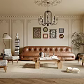 Classic Living Room Interior With Brown Leather Sofa Chandelier And Framed Artworks
