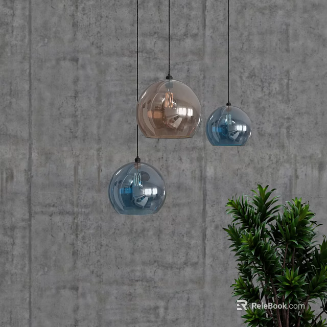 Brown and Blue Glass Spherical Pendant Lights Hanging Against Gray Concrete Wall with Green Plant 3d model 