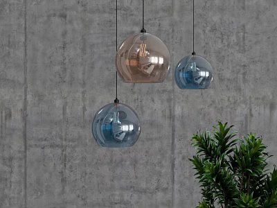 Brown and Blue Glass Spherical Pendant Lights Hanging Against Gray Concrete Wall with Green Plant 3d model