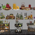 Assorted Beverages Display With Fresh Juices Tea And Fruit Garnishes On Trays And Trolleys