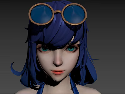 Game Film Character With Blue Purple Hair Round Glasses And Green Eyes 3d model