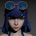 Game Film Character With Blue Purple Hair Round Glasses And Green Eyes