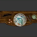Wooden Console Table With Mirror Decorative Plate Green Pitcher Wicker Basket And Carved Legs
