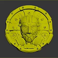 Circular Decorative Ornament In Pink Blue With Intricate Face Carving And Geometric Patterns