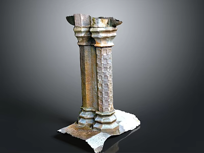 Column Shaped Sculpture Carving with Textured Surface and Weathered Metal Finish on White Base 3d model