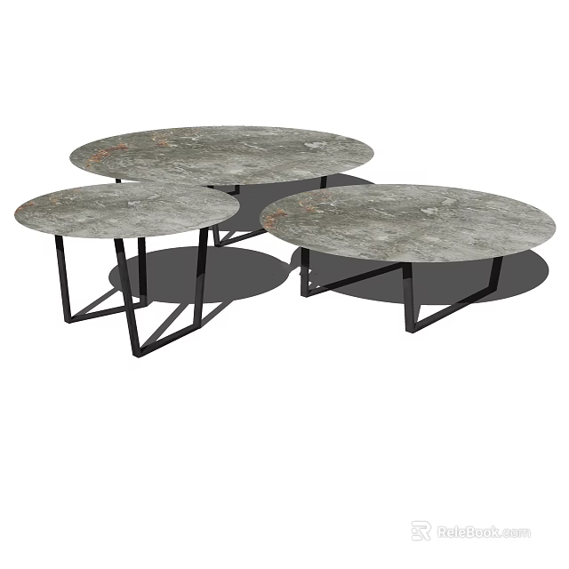 Modern Minimalist Three Round Coffee Tables With Marble Top And Black Metal Geometric Legs 3d model 