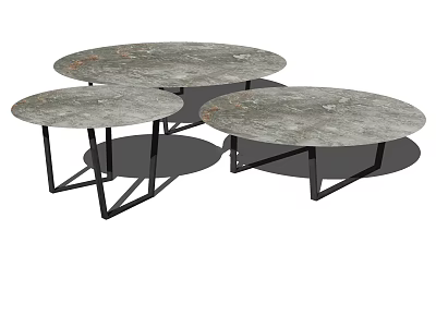 Modern Minimalist Three Round Coffee Tables With Marble Top And Black Metal Geometric Legs 3d model