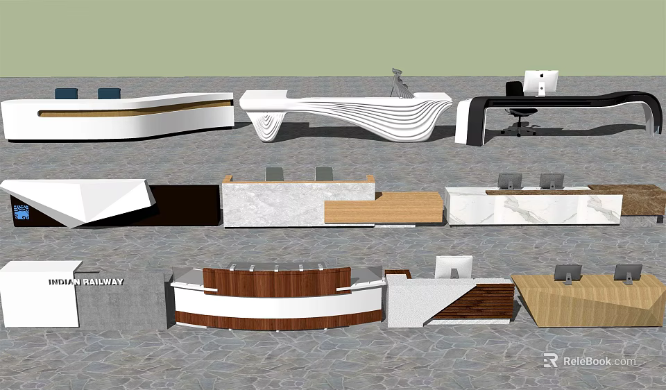 Reception Desks Various Designs Modern Styles With Marble Wooden Surfaces Curved Shapes And Functional Drawers 3d model 