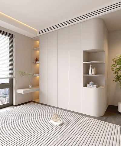 Modern White Wardrobe Interior Design With Built in Shelves And Minimalist Storage Style 3d model
