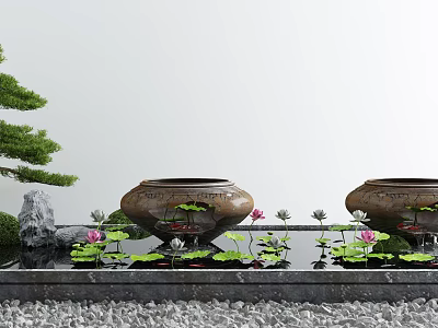 Garden Ornament With Ceramic Pots Lotus Water Plants Pine Tree And Natural Stone 3d model