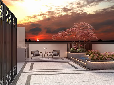 Serene Terrace Garden Landscape With Sunset Sky Pink Tree Chairs Table And Water Feature 3d model