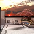 Serene Terrace Garden Landscape With Sunset Sky Pink Tree Chairs Table And Water Feature