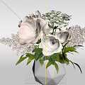 White Vase With Pink And White Roses Small Flowers And Green Leaves