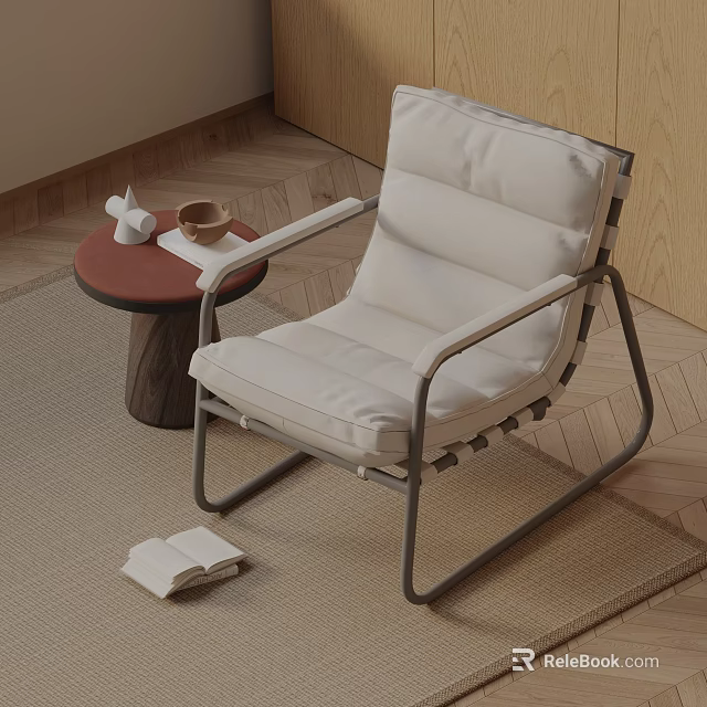 Cozy Leisure Chair with Upholstered Cushion on Soft Rug Near Small Table and Open Book 3d model 