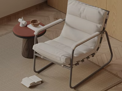 Cozy Leisure Chair with Upholstered Cushion on Soft Rug Near Small Table and Open Book 3d model