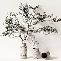 White Textured Vases Holding Green Leafy Branches And Decorative Terracotta Pot For Modern Home Decor