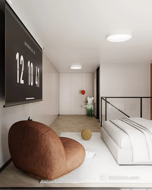 Apartment Interior Featuring Wall Clock Brown Chair White Bed Green Teddy Bear And Red Balloon 3d model 