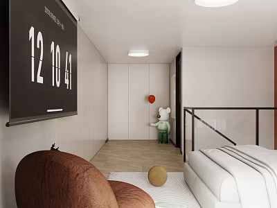 Apartment Interior Featuring Wall Clock Brown Chair White Bed Green Teddy Bear And Red Balloon 3d model