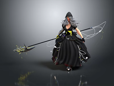 Hooded Fantasy Witch Character With Gray Hair Black Robe And Staff With Mythical Creature Motifs 3d model