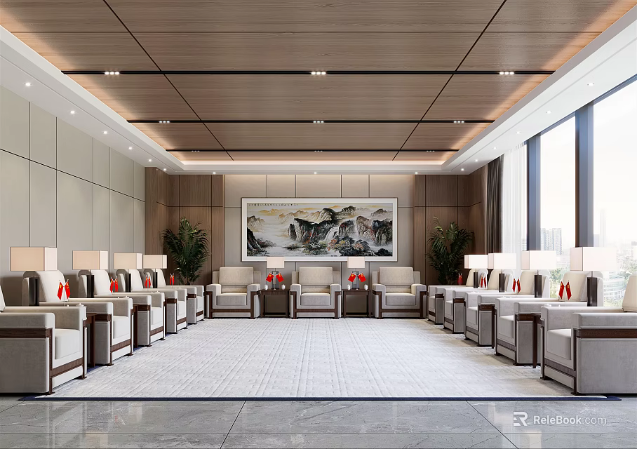 Spacious Chinese Style Hotel Public Lounge Area Featuring Comfortable Sofas Landscape Painting And Large Windows 3d model 