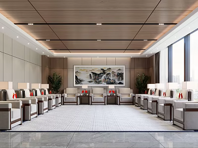 Spacious Chinese Style Hotel Public Lounge Area Featuring Comfortable Sofas Landscape Painting And Large Windows 3d model