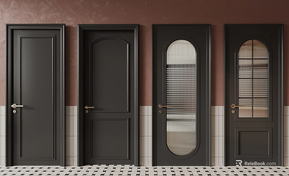Black Doors In Various Styles With Brown Wall White Tiles And Checkered Floor 3d model 