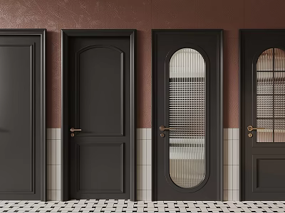 Black Doors In Various Styles With Brown Wall White Tiles And Checkered Floor 3d model