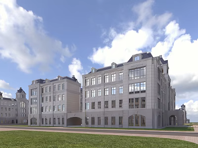 Multi Story School Building With Gray Exterior Large Windows And Green Lawn Under Blue Sky 3d model
