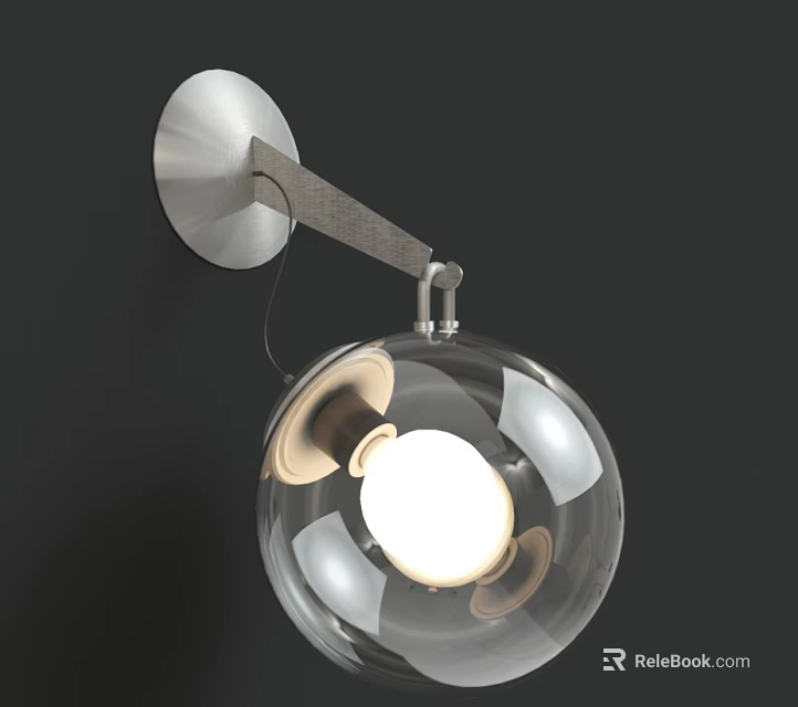 Modern Wall Sconce With Silver Metal Base And Transparent Glass Orb Illuminated Bulb 3d model 